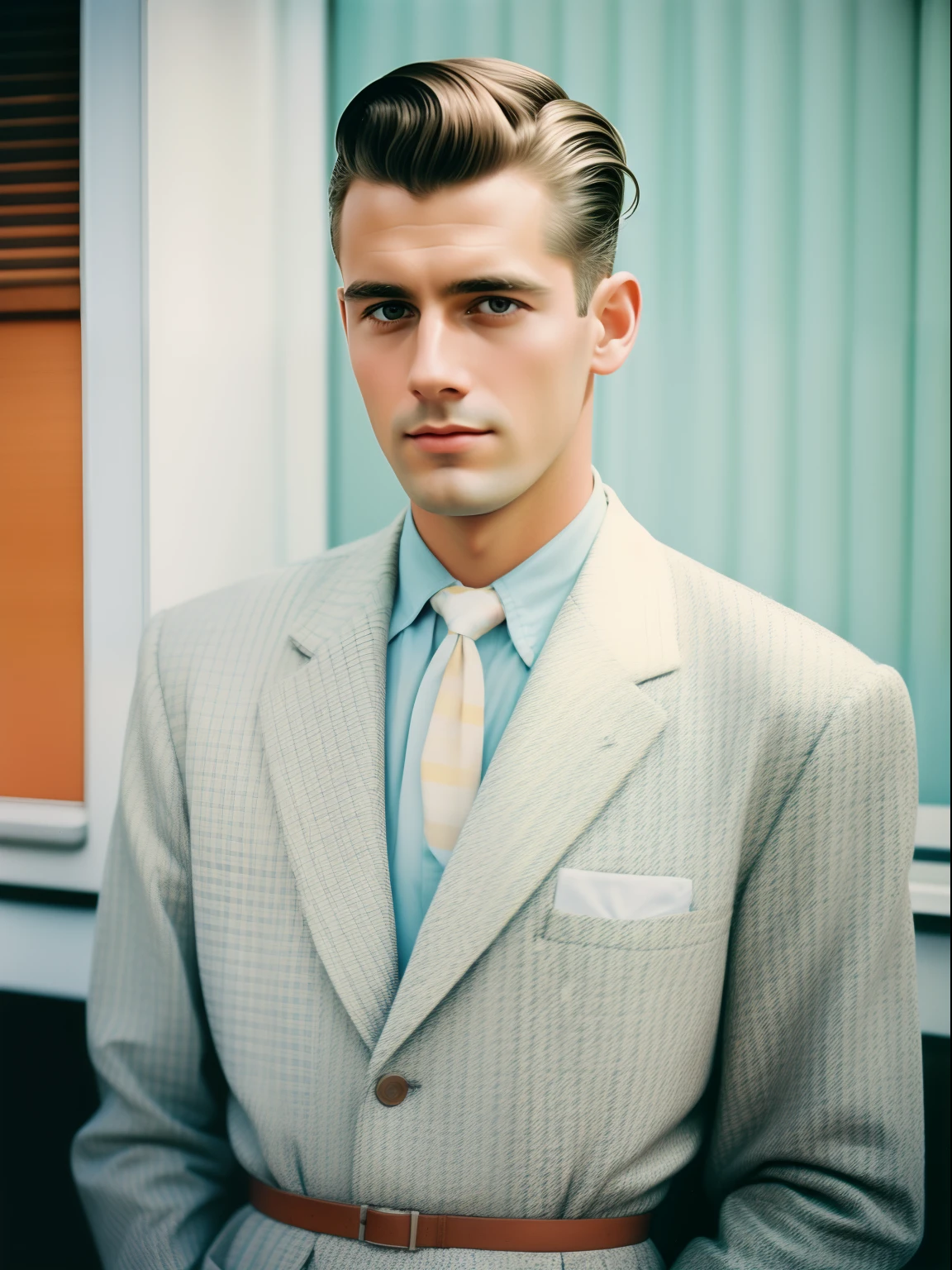 Portrait of a man, Wearing a pastel suit, The photo was taken with an analog camera in the 1950s. Person wearing traditional 50s style clothes々, Who has a traditional 50s haircut々, Photo by William Eggleston, Appearance of the 50s, Highly detailed, slightly faded pastel colors, Slightly blurred, Slightly grainy, film photography