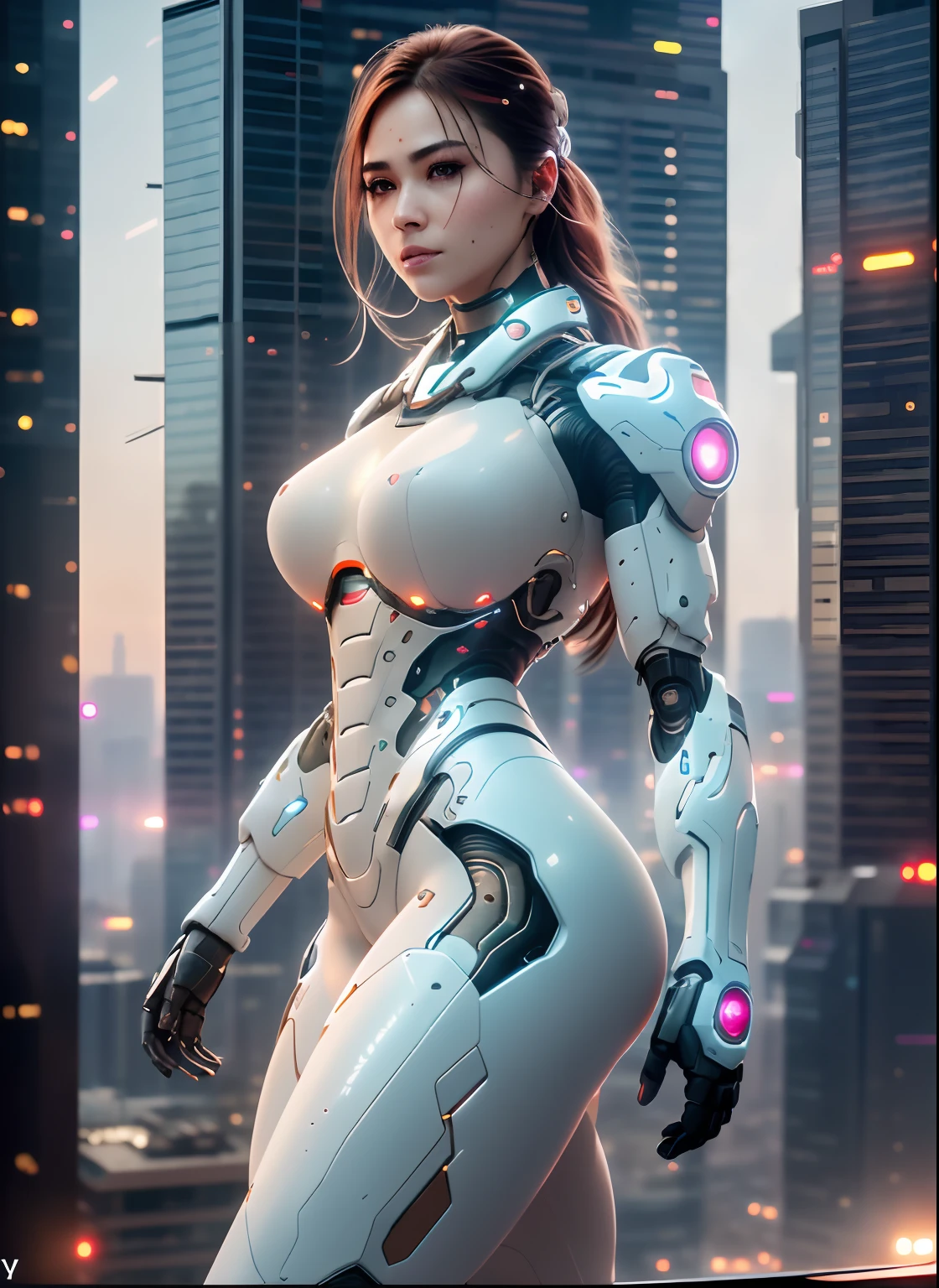 Dystopian, [sci-fi], High Detail RAW color Photo, Full Shot, rear angle, of (cute female arterial intelligence, wearing see-through white chemise), outdoors, standing, on overlook, looking out at sprawling cyberpunk city skyline), toned physique, large ass, (pale skin), perfect face, seductive look, (cybernetic implants:1.2), (augmentations), (cyborg:1.1), (detailed skin, diffused skin pores), silicone, metal, (highly detailed, fine details, intricate), (lens flare:0.5), (bloom:0.5), smog, dust, (badlands:0.8), (observitory:0.7), raytracing, specular lighting, shallow depth of field, photographed on a Sony Alpha 1, EF 85mm lens, f/2.8, hard focus, smooth, cinematic film still, [Cyberpunk:Orwelian:12]