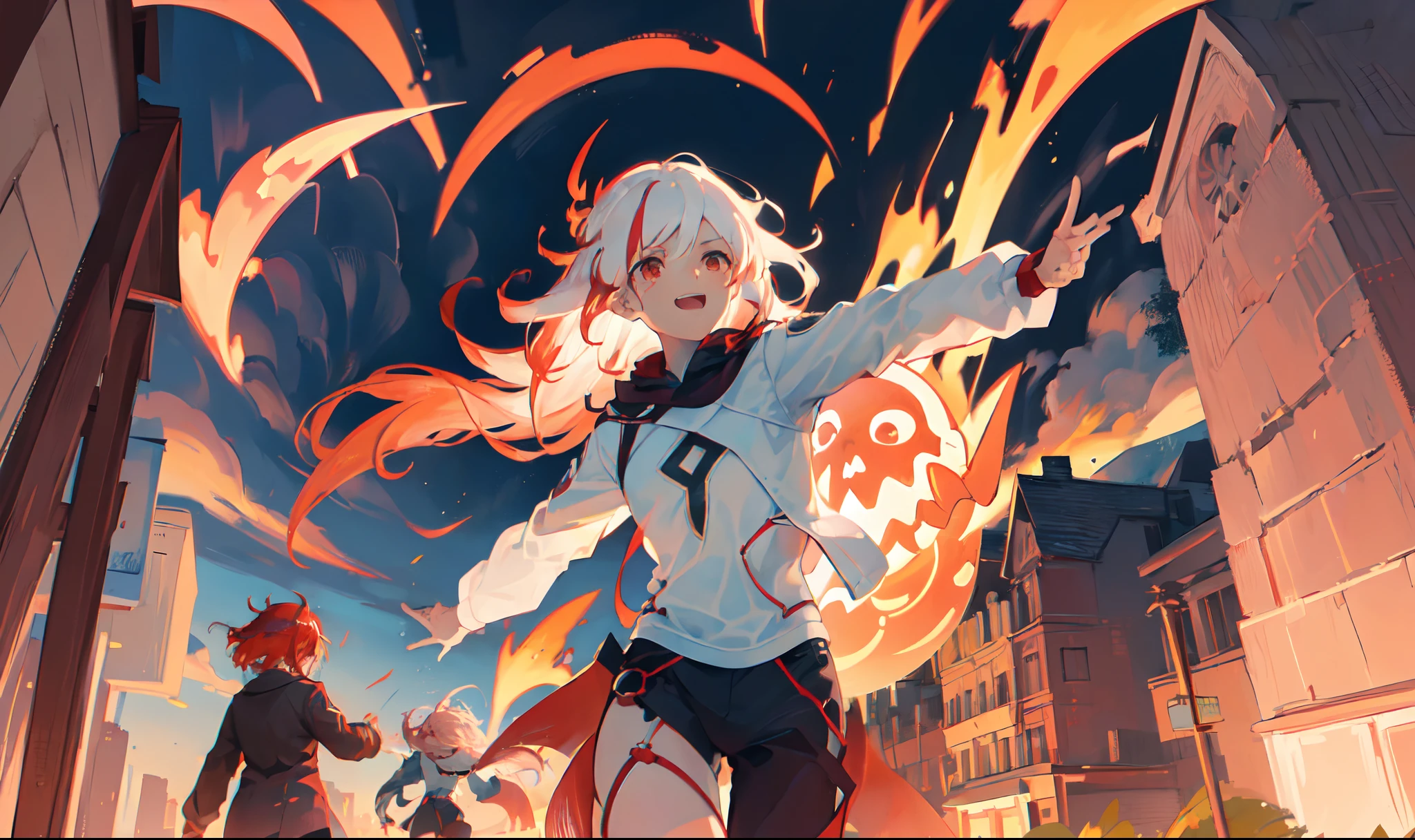 ((Running to the right)), ((ecstatic face)), short hair, white hair with a red stripe, dynamic scene, striking, Awesome, 1girl, whole body, splashes, (fire), (Effects of fire),