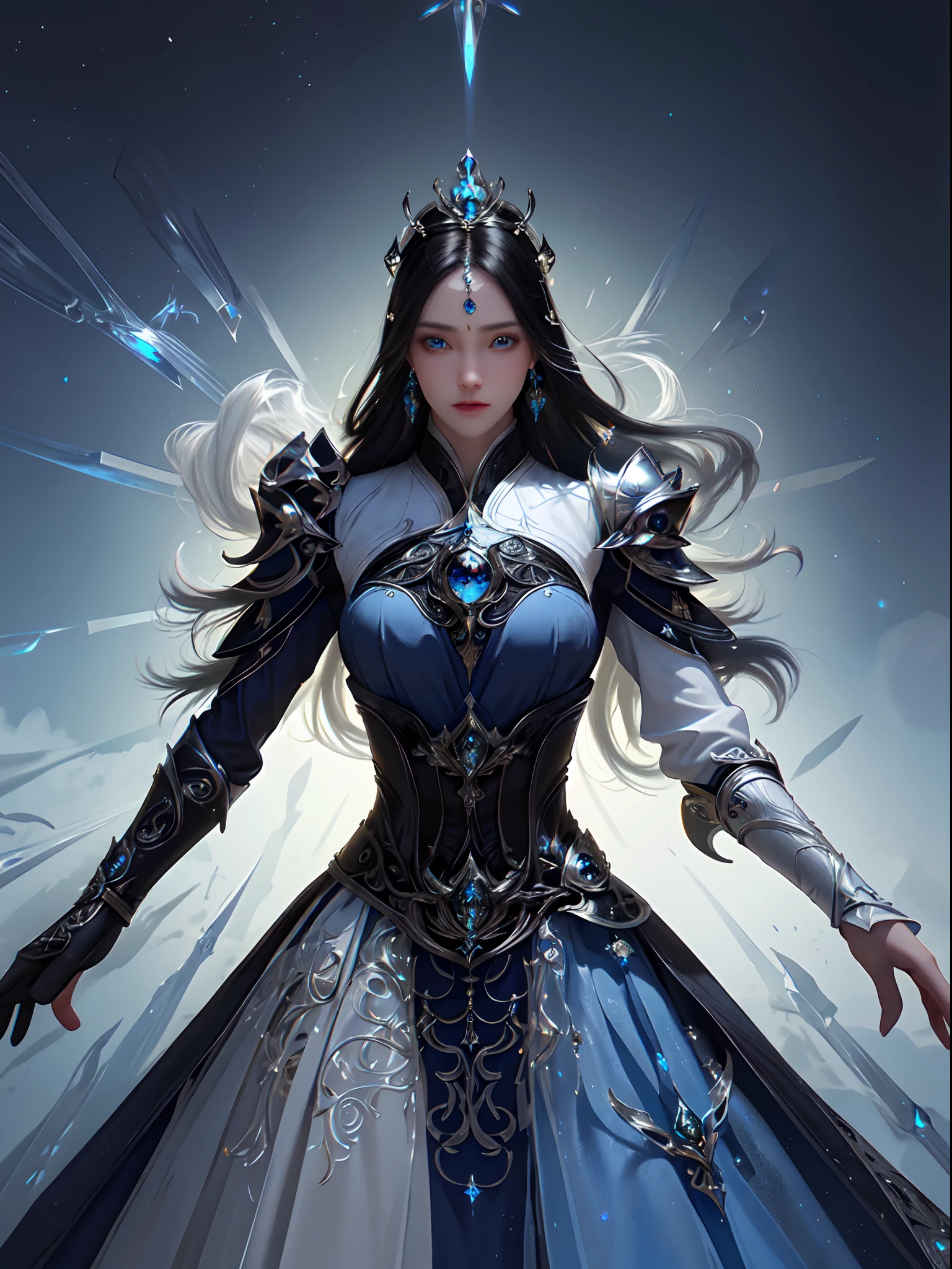 (Upper body:1.5), 1girll, Depth of field, offcial art, Unity 8k wallpaper, Ultra detailed, illustration, Beautiful and aesthetic, Masterpiece, Best quality, cavalier, (Big breasts), (A MILF, Mature female), (Black armor, Armor, chest plate), Beautiful face, (Long hair, Black hair,  Very straight hair:1.4, hime-cut:1.4), Blue eyes, Cowboy shot, Glowing skin, back Lighting, Athletic figure, Muscular female, Curvy, Wide hips, Colorful, view the viewer, Hyperrealistic, Gradient background, Dark background, outline, fantasy, From the front, aquarelle, Traditional media, (color difference, Intricate details)