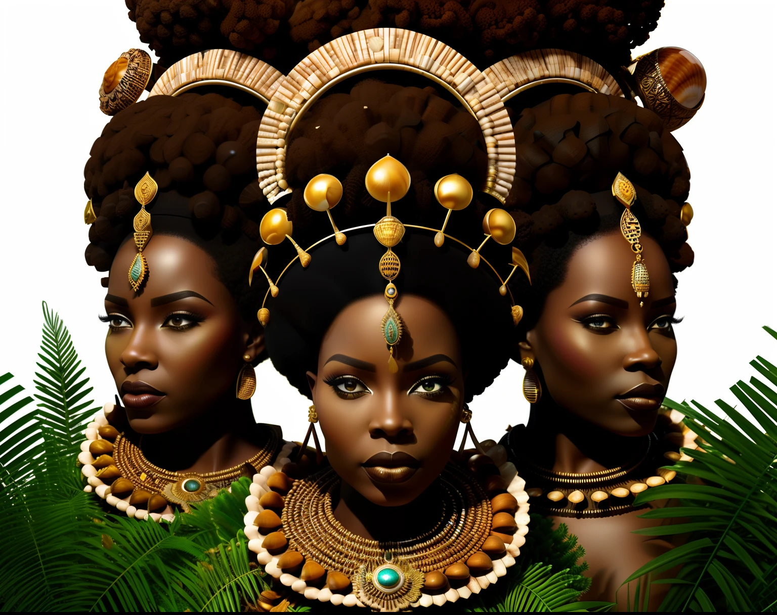 Coroas feitas de búzios, (afrofuturismo), 8K, 4 RAINHAS (Áfrican crown close-up), Perspectiva positiva!! , coroa com diamantes e ((conchas)) em um fundo da selva! , plantas, crown made of plantas, super realistic Áfrican fantasy crown, coroa afrofuturista, cibernético_África