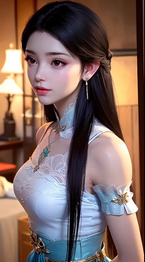 1 beautiful girl wearing ancient costumes, ((pink and light white outfit: 0.8)), long and silky black hair, hair jewelry and nec...