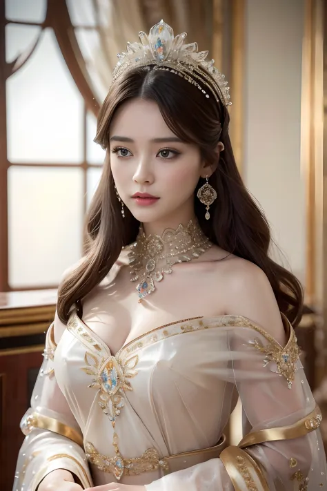Masterpiece，Highest high resolution，Dynamic bust of beautiful royal lady，Long white hairstyle，Amber clear eyes，The hair is covered with beautiful and delicate floral craftsmanship, Crystal jewelry filigree，Ultra-detailed details，upscaled。
