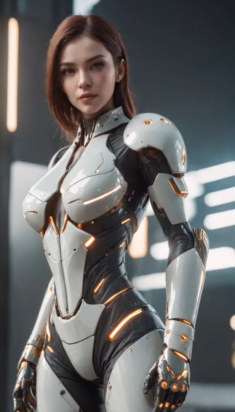 a woman in a futuristic Gold suit posing in park, cute cyborg girl, beutiful white girl cyborg, girl in mecha cyber armor with bright led, (perfect body:1.4), (Perfect proportions:1.4), (Long dark viking style Hair:1.4), Big Green Eyes, HDR (High Dynamic R...