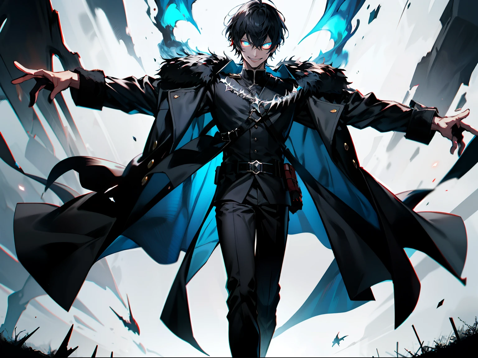 "Epic dark atmosphere, stunning 4k artwork featuring a dark knight, fullbody artwork, dark short hair, glowing blue eyes wearing general coat with 5 stars on his clothes, he is from fallen kingdom, he have dark aura and psychopath little smile."