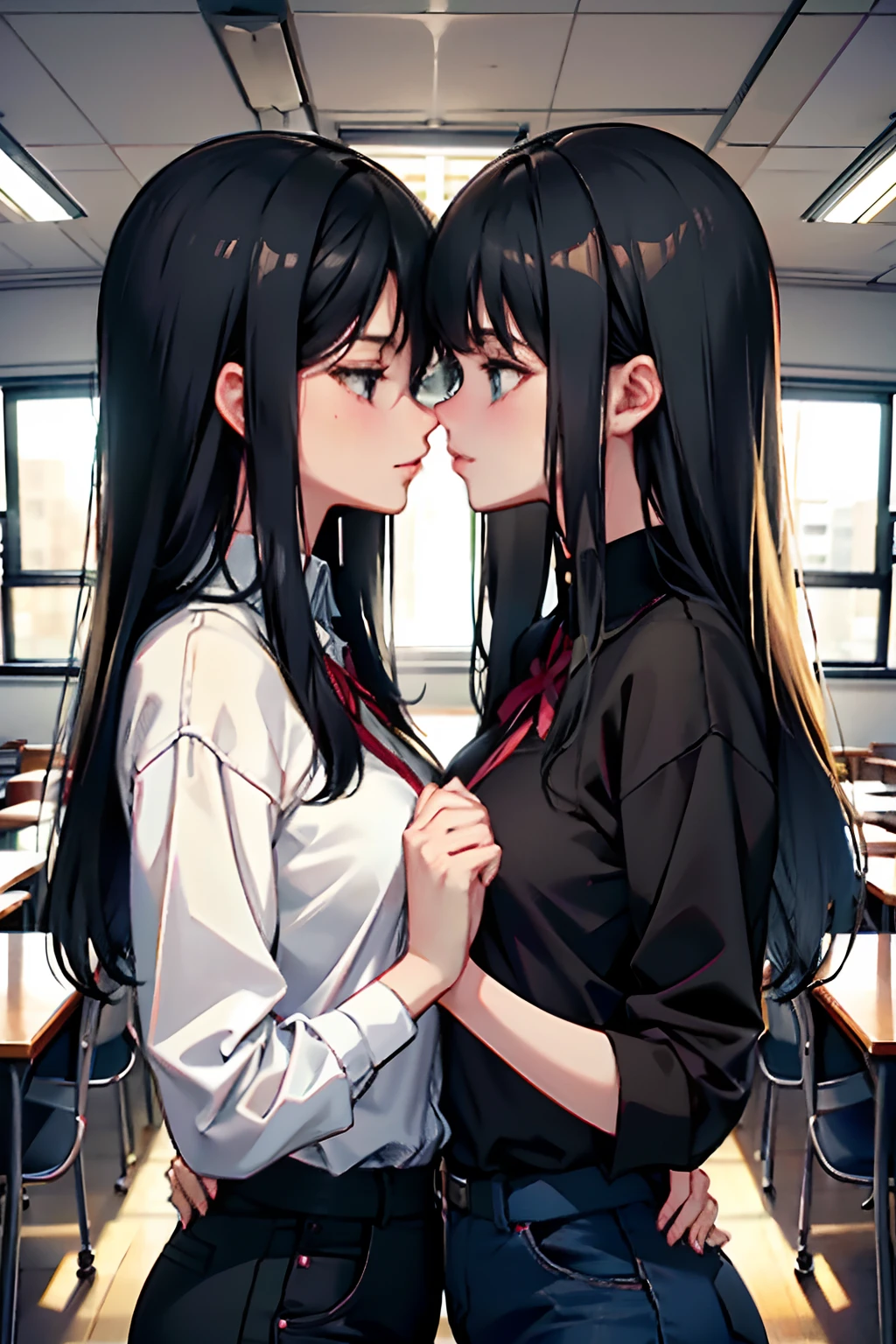 Anime couple kissing in a classroom with desks and windows - SeaArt AI