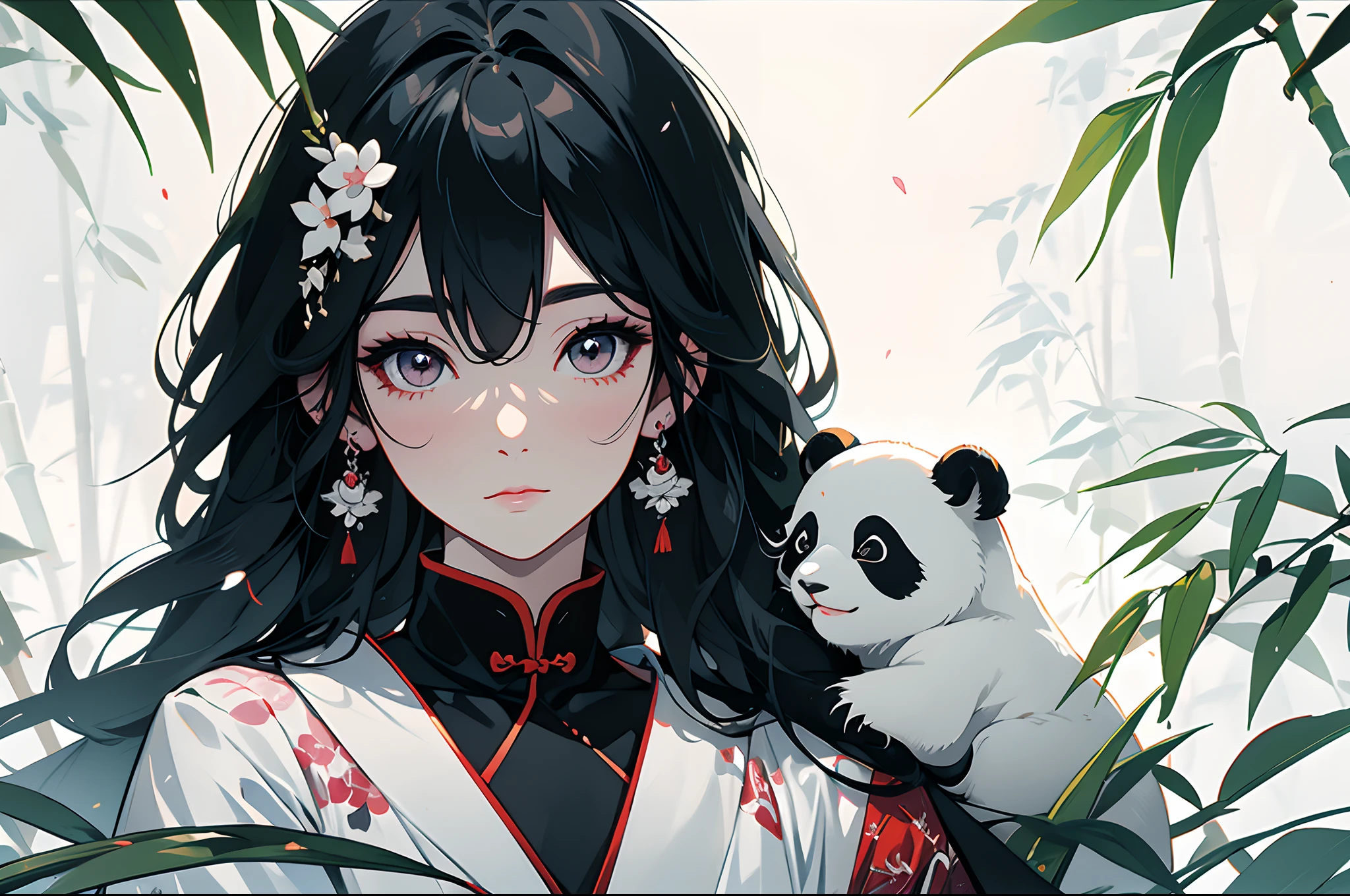 white backgrounid，Under bamboo leaves, (The panda sits on a branch)，pandas，（1Blittle girl：1.5，The upper part of the body，looking at viewert），Pink and white clothes，facial closeups，big beatiful eyes，detailed face with，Flashy clothes，Ethereal panda，(Chinese Panda)，Dreamy，Onmyoji detailed art，A beautiful artwork illustration，mythological creatures，pandas，Beautiful digital artwork