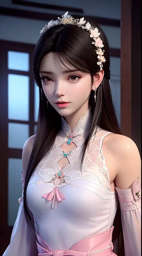 1 beautiful girl wearing ancient costumes, ((pink and light white outfit: 0.8)), long and silky black hair, hair jewelry and nec...