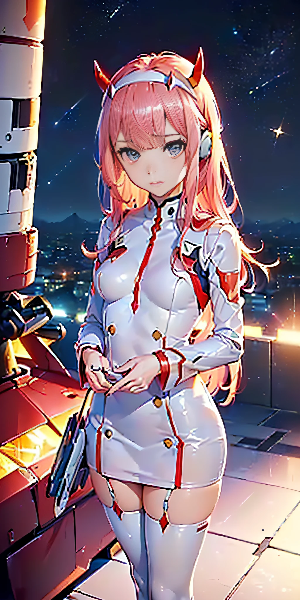 Anime girl in a white dress with red horns and a gun - SeaArt AI