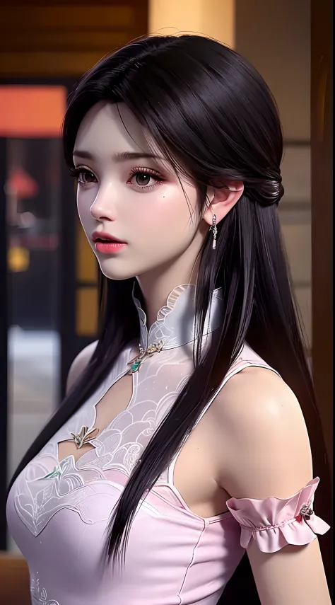 1 beautiful girl wearing ancient costumes, ((pink and light white outfit: 0.8)), long and silky black hair, hair jewelry and nec...