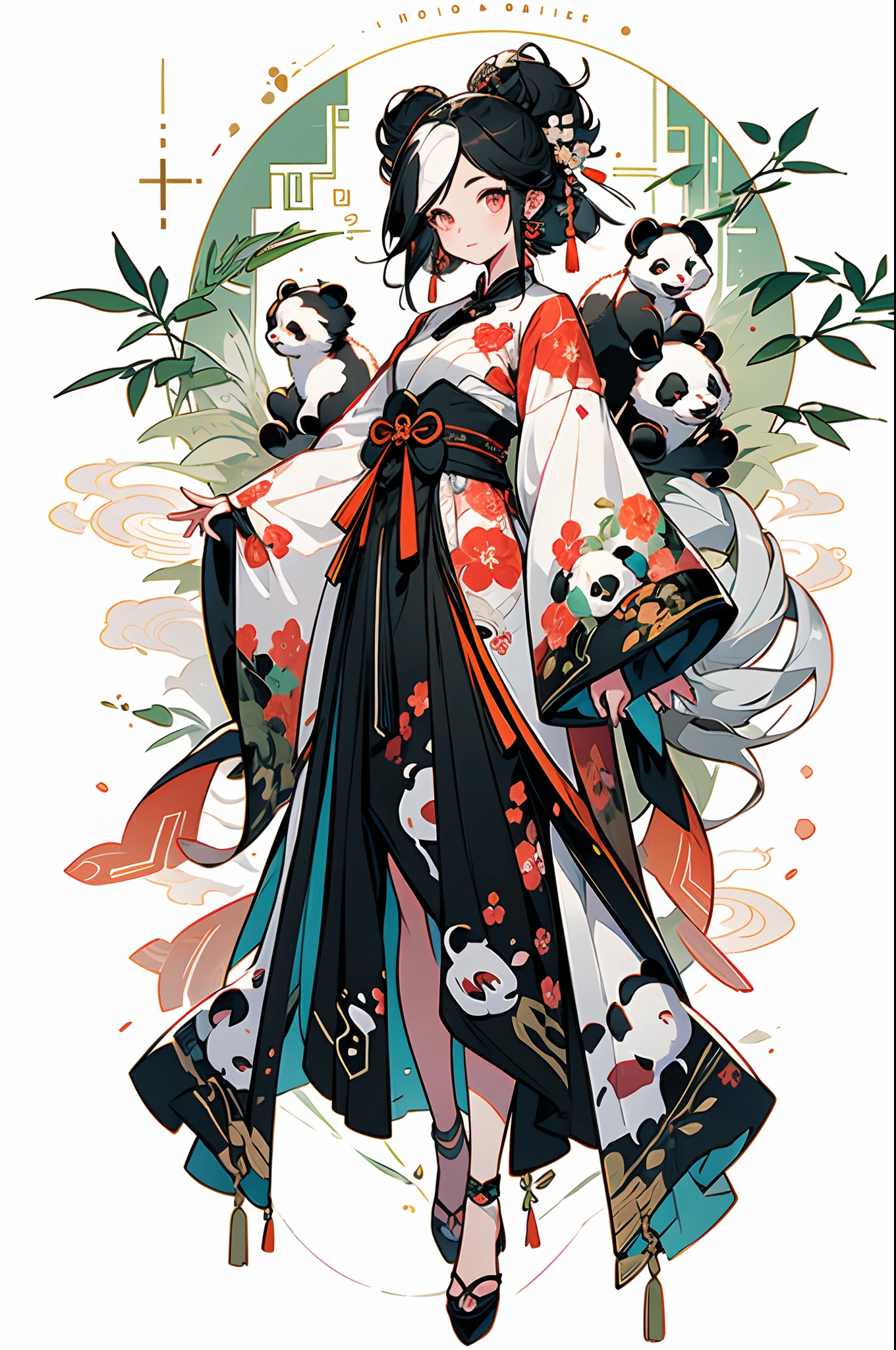 white backgrounid，Under bamboo leaves, (The panda sits on a branch)，pandas，（1Blittle girl：1.5，The upper part of the body，looking at viewert），Pink and white clothes，facial closeups，big beatiful eyes，detailed face with，Flashy clothes，Ethereal panda，(Chinese Panda)，Dreamy，Onmyoji detailed art，A beautiful artwork illustration，mythological creatures，pandas，Beautiful digital artwork，shoes，Footwear, China_dress,
