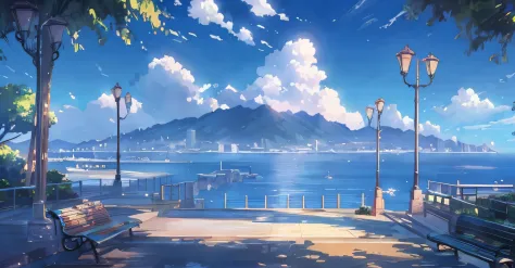 Anime scenery with benches overlooking the waters and mountains, Anime landscapes, beautiful anime scenery, beautiful anime scenes, Makoto Shinkai's style, anime backgrounds, Anime landscape, anime beautiful peace scene, Makoto Shinkai. —h 2160, in the sty...