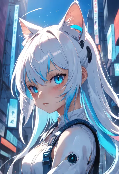 Cat-eared lady hair color：White pupil color：Blue crying sunlit background：Rainbow Sunshine Cyberpunk