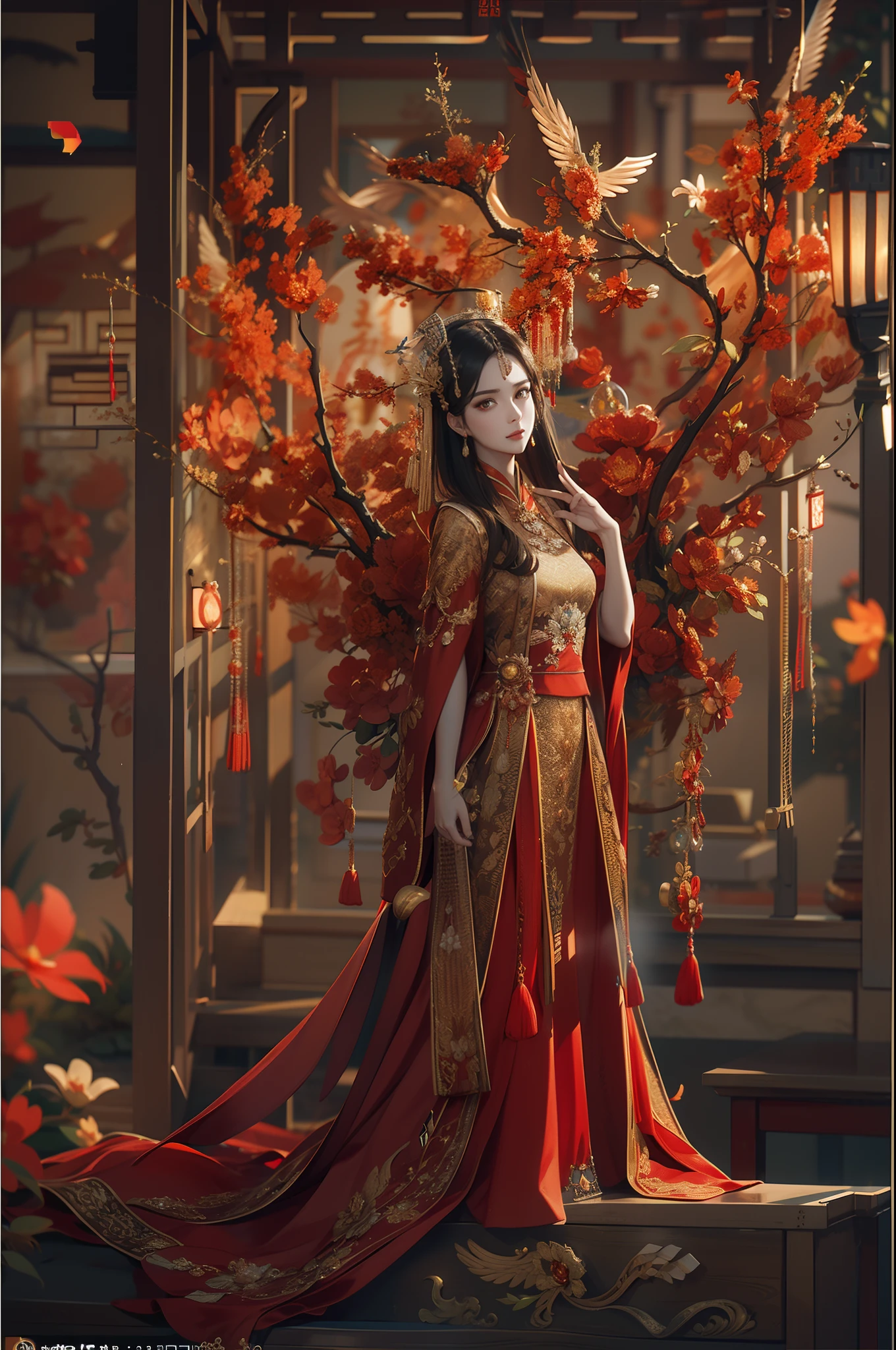 （ 8K， dynamic action， pale washed out style， Dreamy nostalgia， soft focus， dark haght  leaks， Medium photography， Coarse grain photos， tmasterpiece， top-quality， 8K， realisticlying， Very dense CG， shiny skins，）1girll，sportrait，Chinese elements，A woman in a red and gold dress，Phoenix crown,