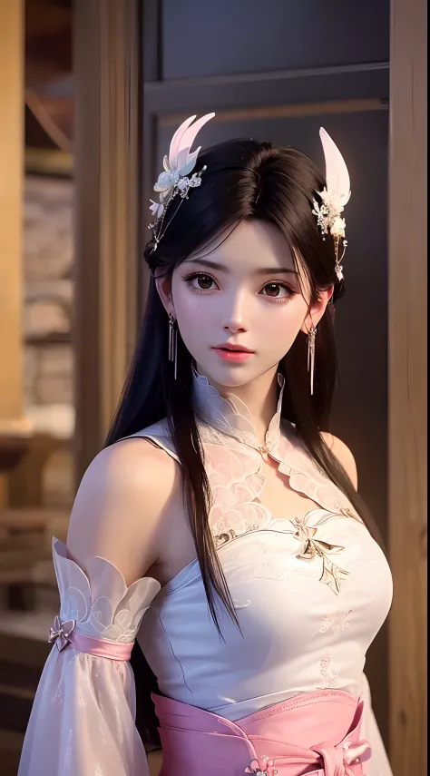 1 beautiful girl wearing ancient costumes, ((pink and light white outfit: 0.8)), long and silky black hair, hair jewelry and nec...