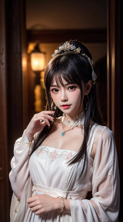 1 beautiful girl in ancient costumes, ((pink and light white clothing: 0.8)), long silky black hair, hair accessories and neckla...