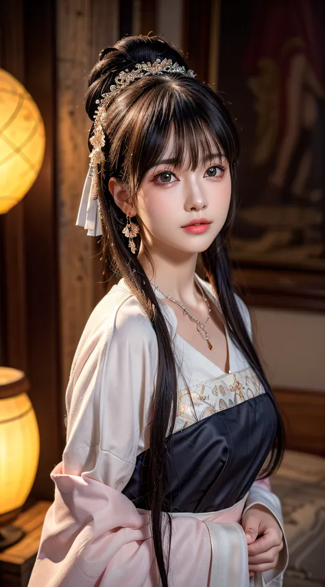 1 beautiful girl in ancient costumes, ((pink and light white clothing: 0.8)), long silky black hair, hair accessories and neckla...