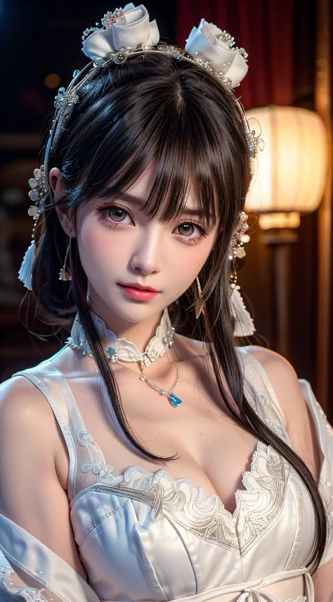 1 beautiful girl in ancient costumes, ((pink and light white clothing: 0.8)), long silky black hair, hair accessories and neckla...