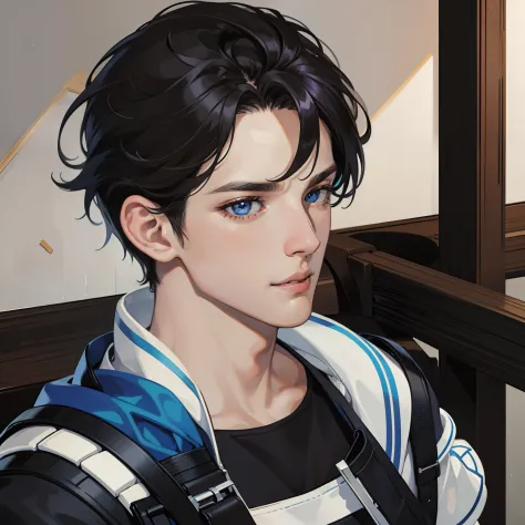 1man, black hair, detailed face, detailed background, ultra hd, masterpiece, blue eyes, handsome, anime style