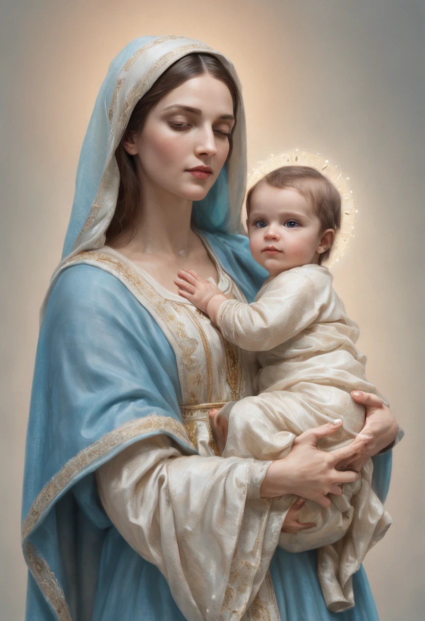 Drawing of a woman holding a child in her arms, Virgin Mary, Toddler with Jesus, Mother, Queen of Heaven, Beautiful Art, painting of beautiful, Beautiful depiction, Portrait of the Virgin Mary, Catholic Religious Art, rosen maiden, Sacred and beautiful, with a blue background, Boregov, guweiz masterpiece, religious art, Christian art, religious painting