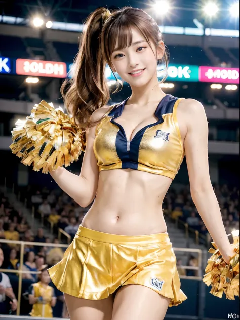 18 year old cheergirl in yellow mini skirt(G cup breasts) - SeaArt AI