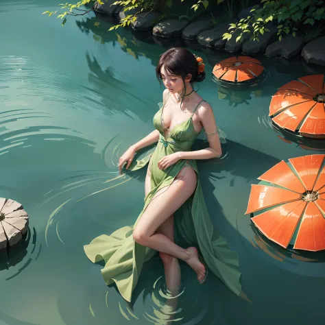 a woman in green dress is in the water by the edge, in the style of chinese cultural themes, soft, romantic scenes, delicate flora depictions, associated press photo, airbrush art, dark orange and light azure, canon af35m