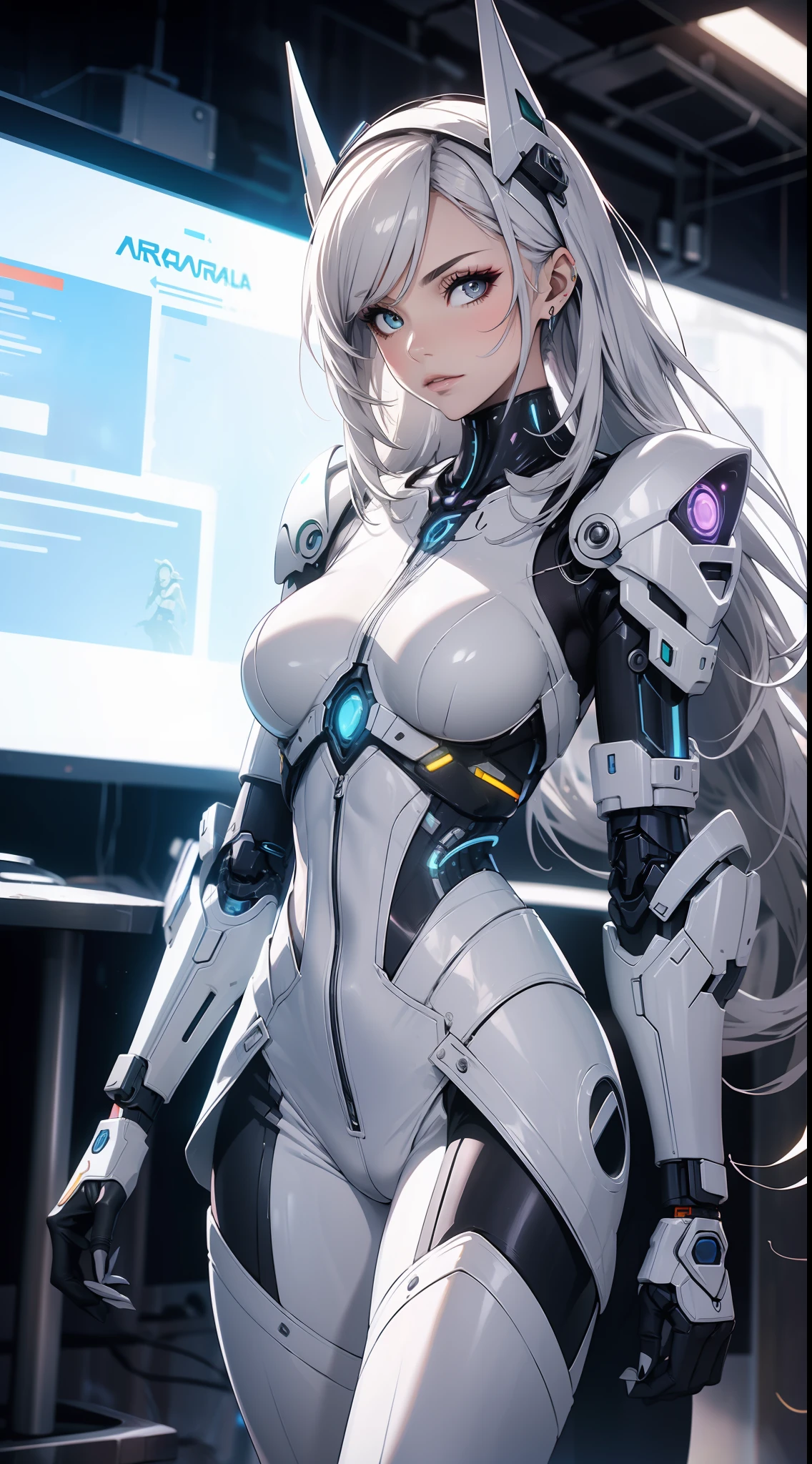 Arafed Woman in a futuristic suit posing for a photo, in white futuristic armor, girl in mecha cyber armor, Unreal Engine Rendering + a goddess, Porcelain cyborg armor, shiny white armor, gynoid cyborg body, Beautiful and attractive female cyborg, Different cybersuits, Beautiful female cyborg, beautiful white cyborg girl, With futuristic armor, Perfect female cyborg