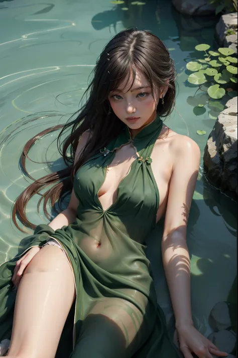 a woman in green dress is in the water by the edge, in the style of chinese cultural themes, soft, romantic scenes, delicate flora depictions, associated press photo, airbrush art, dark orange and light azure, canon af35m