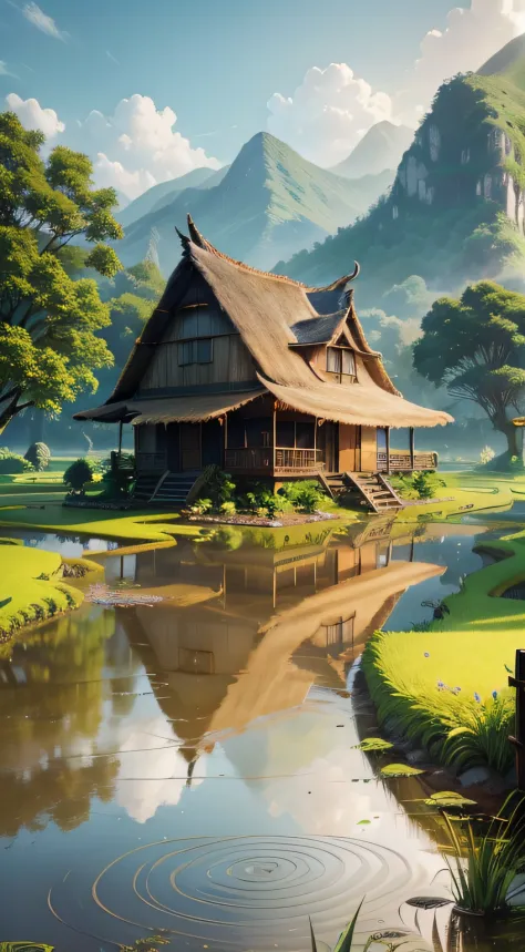 Create an image that captures the serene beauty of a rural village surrounded by lush green rice fields. Depict an old house mad...