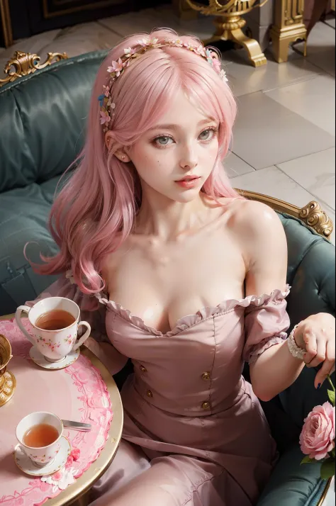 close - up regency solo photo with pink poofy rococo hair with delicate flowers drinking tea - themed party inside palace of versailles, a portrait by Tim Walker showcases a glamorous guest, exuding elegance and sophistication, warmingly gazing. A shallow ...