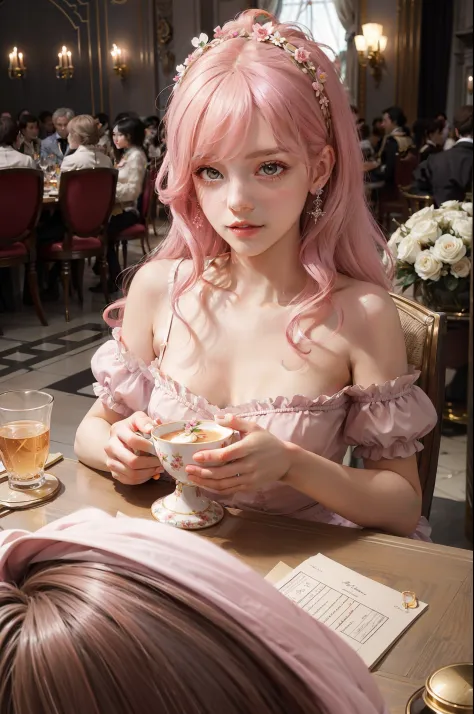 close - up regency solo photo with pink poofy rococo hair with delicate flowers drinking tea - themed party inside palace of versailles, a portrait by Tim Walker showcases a glamorous guest, exuding elegance and sophistication, warmingly gazing. A shallow ...