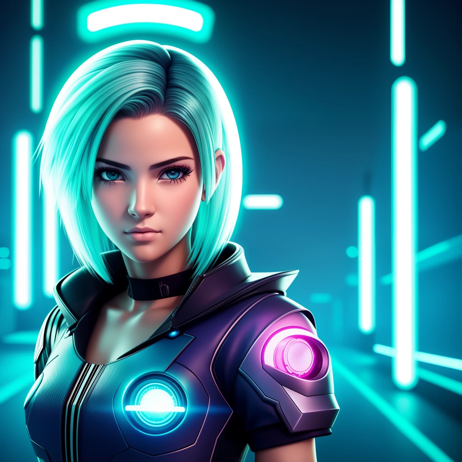 teenage cyberpunk girl, approximately 16 years of age. She must have long white hair with purple highlights. Your eyes emit a red glow. She is in a futuristic urban environment, neon-lit