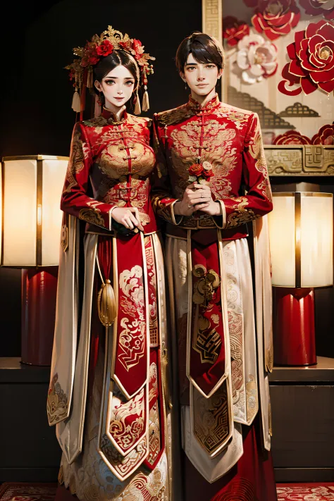 Husband and wife，Wedding scene，half-body portrait，Weddings，Boys carry girls on their backs，ornate garment，Chinese elements，macro photography，The boy has a big red flower on his chest，The girl wears a red hood wedding scene，Husband and wife，