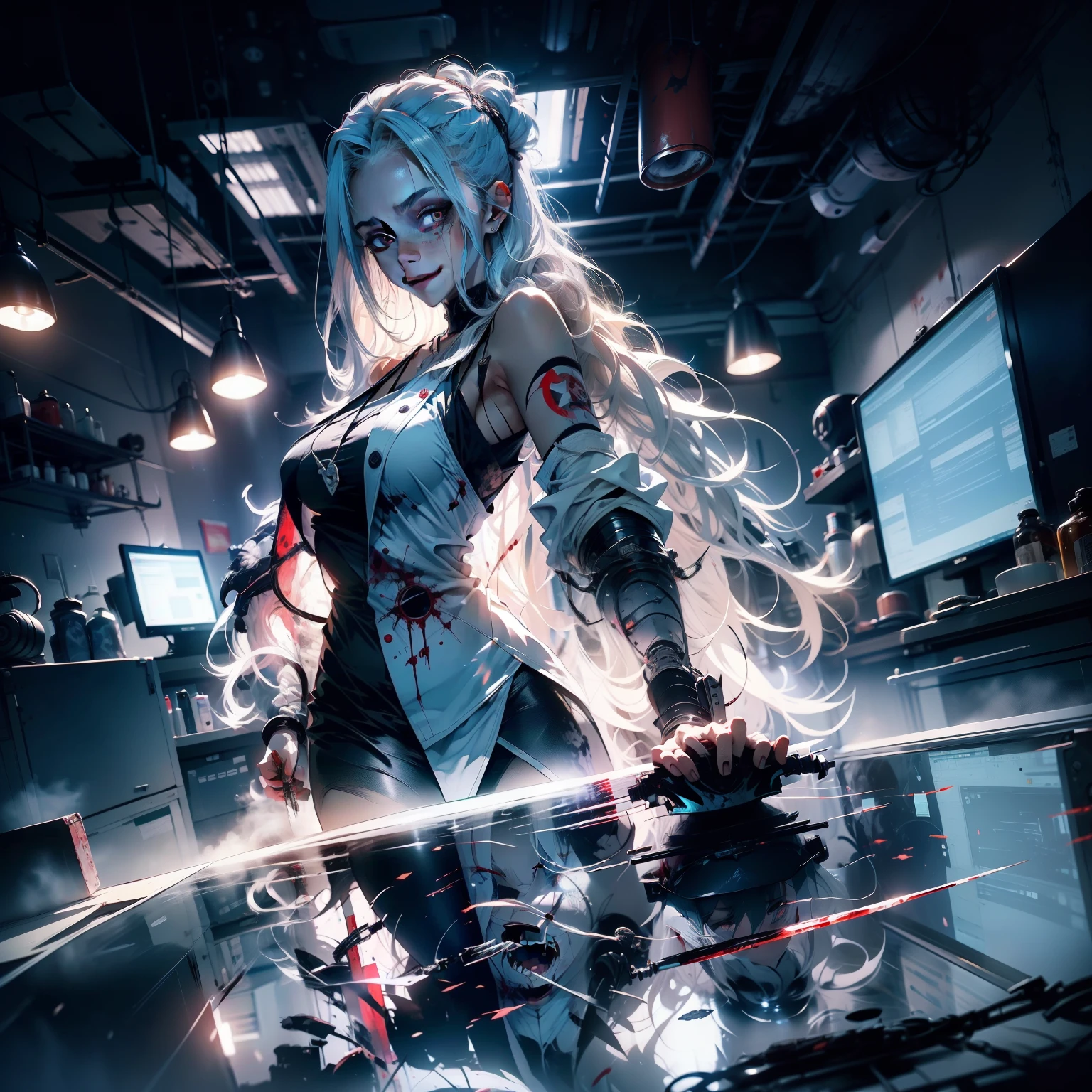 surgery room，dim murky lights，blood stain，Female doctor with long white hair, red pupils, holding a scalpel in her hand and performing surgery with a crazy smile，Frail, desperate, fearful, and gradually inhumane。The style of painting requires a two-dimensional style