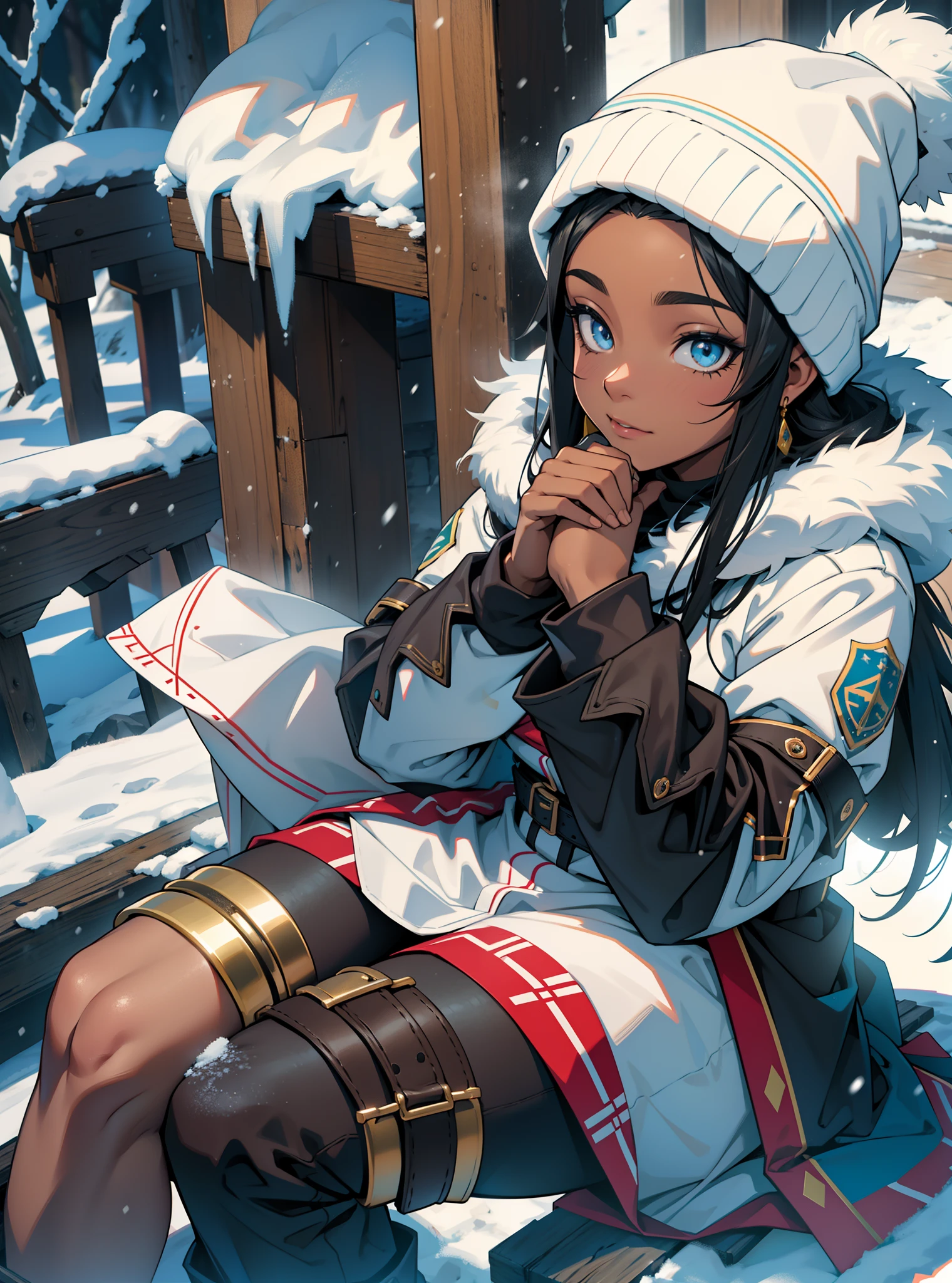 Quero algo no estilo anime com eyes large, completely white winter clothes, no other color than white, white hats fofinhos peludos, furry white boots, white gloves, white winter clothes, white hats, one (1) black female, darkskin, black female, darkskin, Bblack hair, sitting in the snow warming her hands, Bblack hair, furry white boots, fluffy woman, fluffy woman, eyes large de animes, eyes large, linda, seamless, sweetie, snowing, neve, snowing, neve, snowing, neve, snowing.