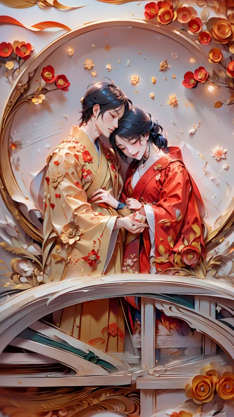 (A Hanfu Couple Hugging on a bridge:1.4, Smile)，Red background,1 moon，rosette，(illustration:1.3，paper art:1.3, Quilted paper art:1.2),( reasonable design, Clear lines,best quality, Very detailed, masterpiece, movie lighting effects, 4K )