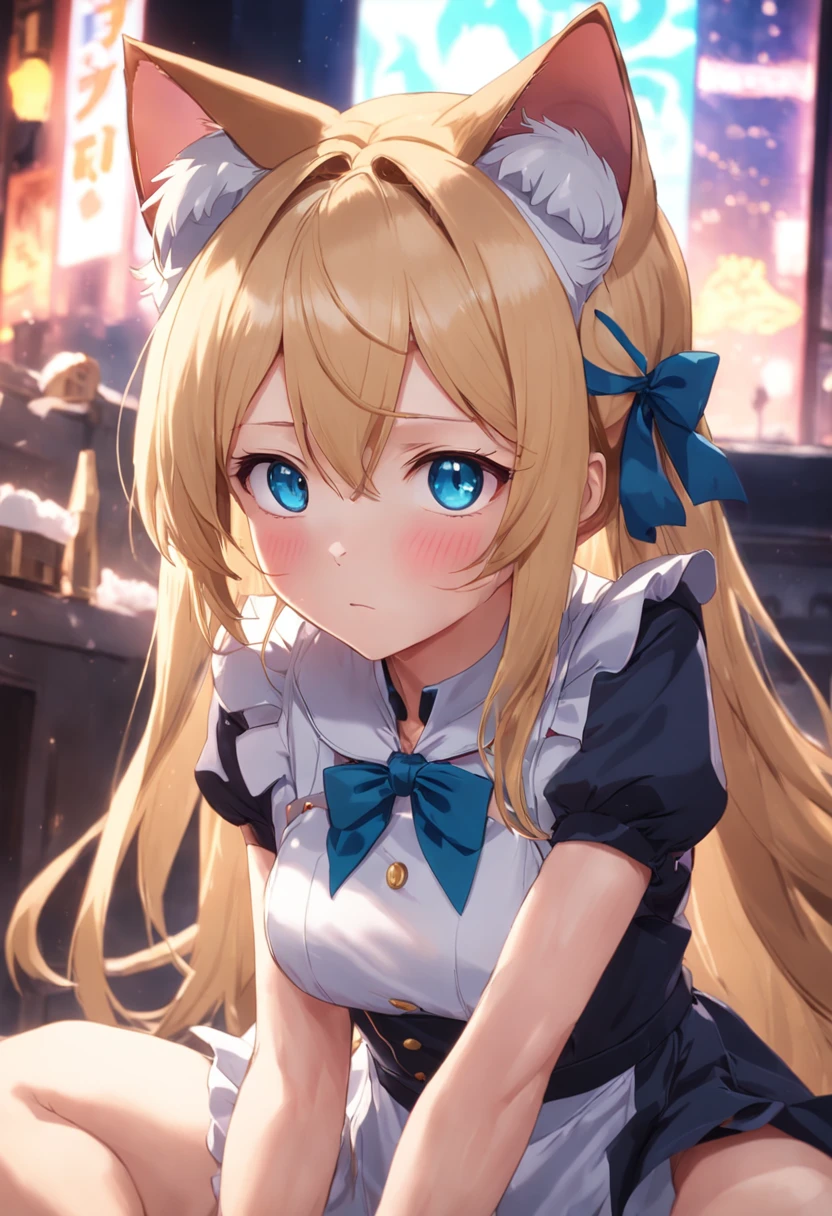 cat ear，eBlue eyes，blond hairbl，the maid outfit，Lie down，shy，with her mouth open