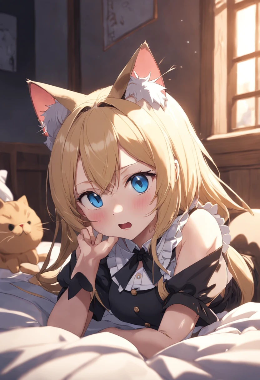 cat ear，eBlue eyes，blond hairbl，the maid outfit，Lie down，shy，with her mouth open