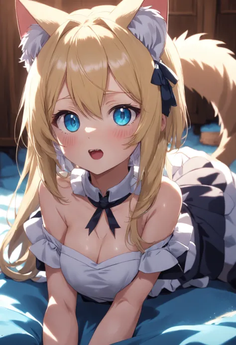 cat ear，eBlue eyes，blond hairbl，the maid outfit，Lie down，shy，with her mouth open