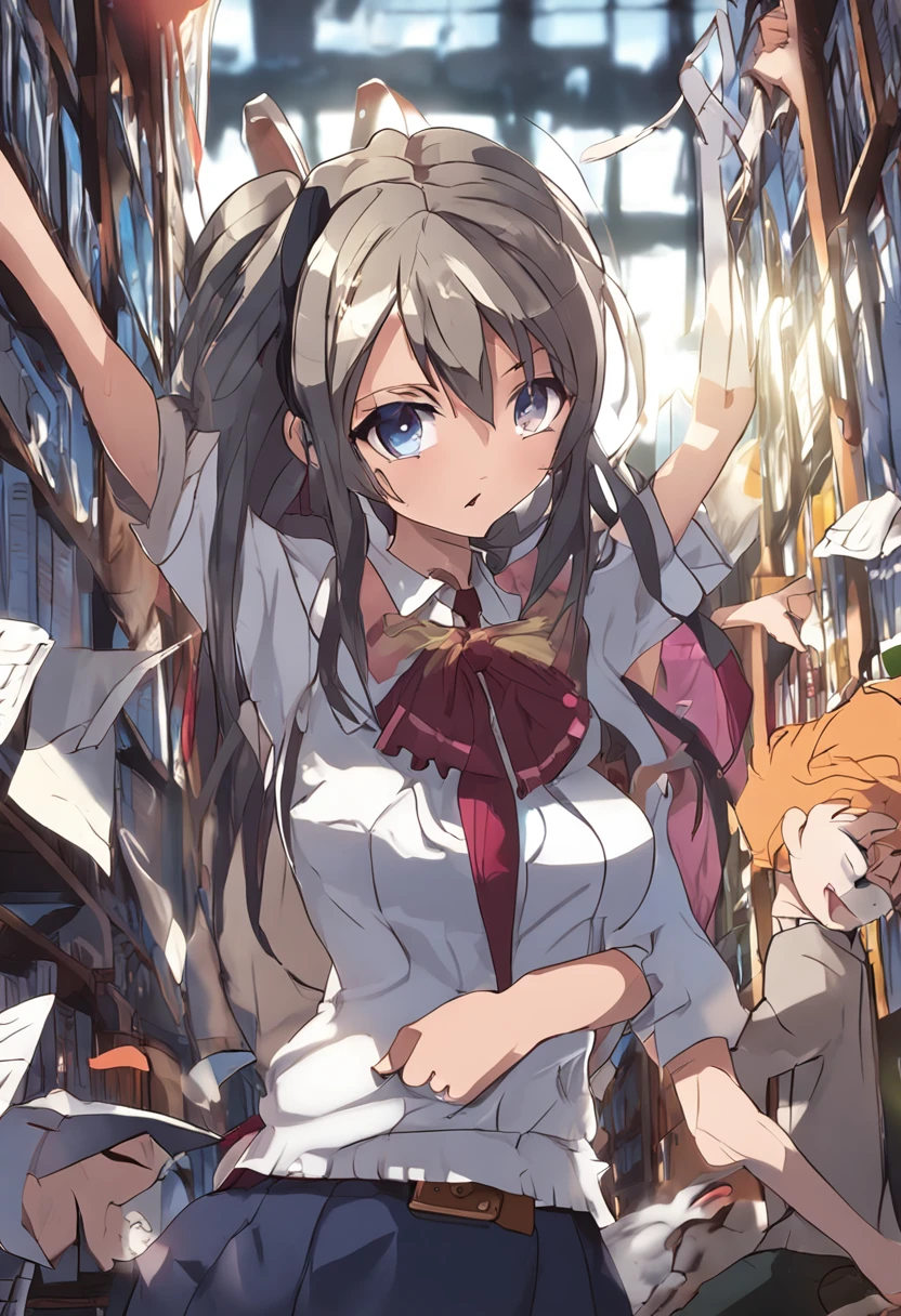 Anime girl in a library with her arms up and a bunch of books - SeaArt AI