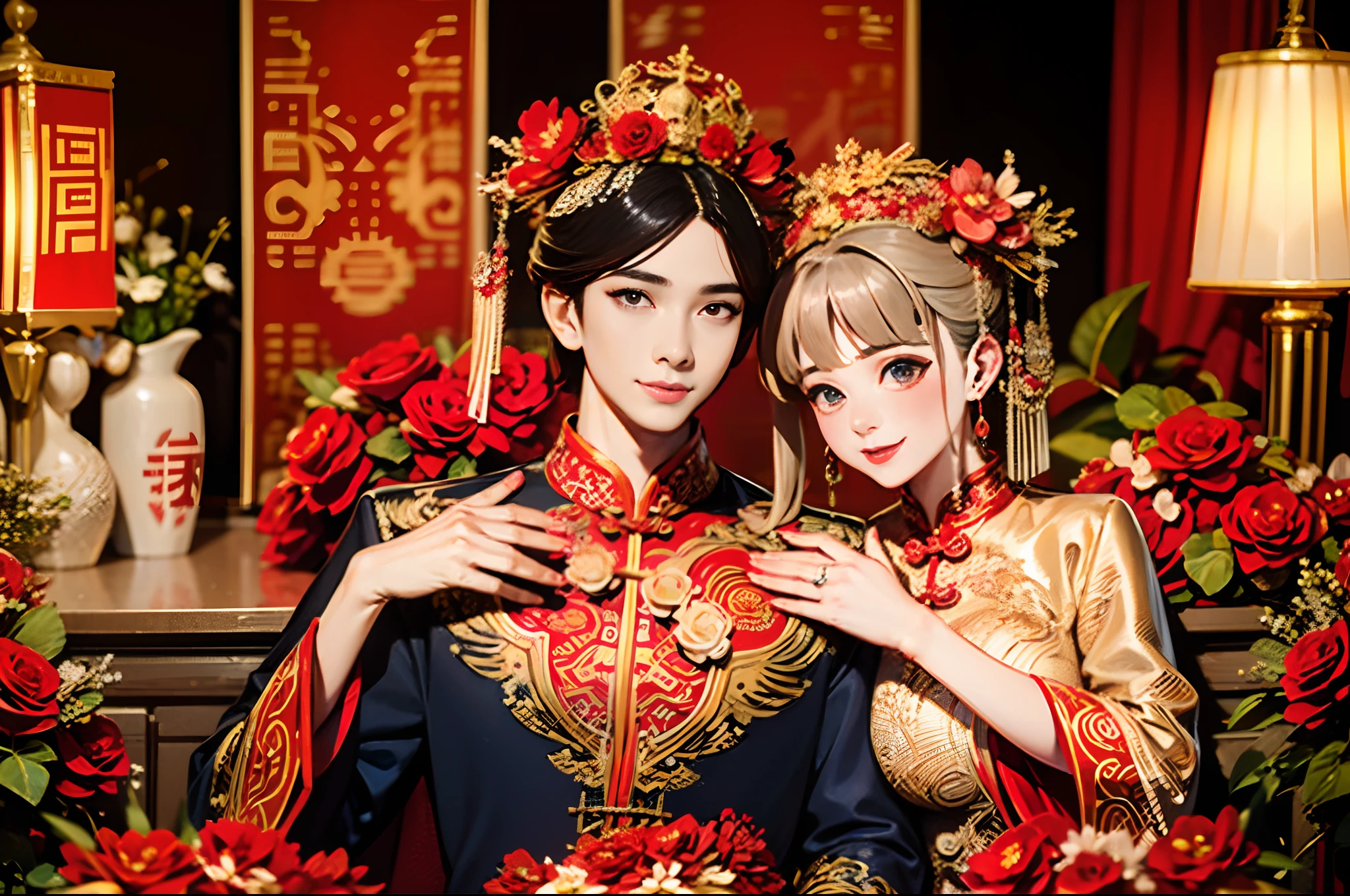 A couple，Wedding scene，half-body portrait，Weddings，The wife lay on her husband's shoulder，ornate garment，Chinese elements，macro photography，The boy has a big red flower on his chest，The girl wears a red hood wedding scene，