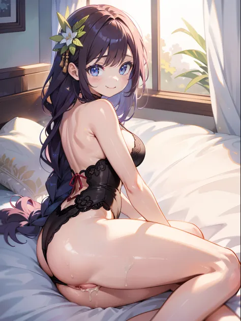 masterpiece, best quality, ultra-detailed, illustration, kawaii, detailed light, happy, smile, blush, Highlights hair, hair, beautiful detailed body, detailed sparkling eyes, 1girl, looking back, showing skin, buttocks, bare thighs, perfect limbs, underwea...