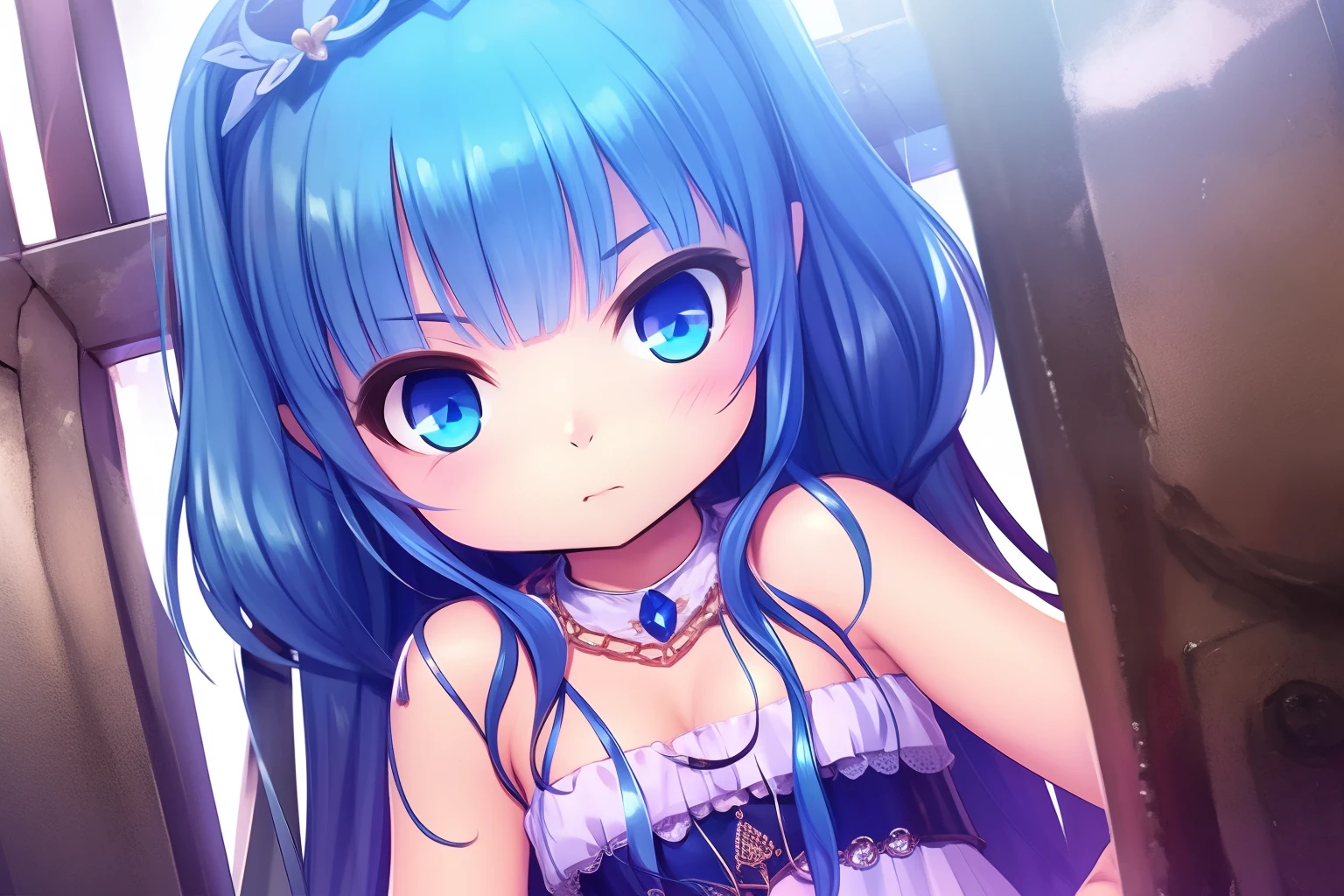 Anime girl with blue hair and blue eyes standing in front of a window -  SeaArt AI