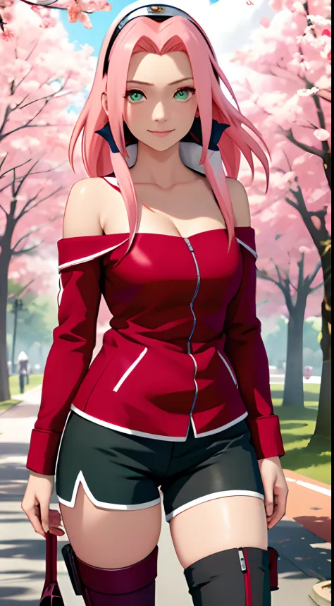 tmasterpiece， Best quality at best， 1girll， Sakura Haruno， Large breasts，Off-the-shoulder attire，（cleavage)，（fullbody shot)，Raised sexy，is shy，smile，with pink hair， long pink hair，gorgeous eyes,（Green eyeballs:1.4)， Forehead protection， the cherry trees，Ch...