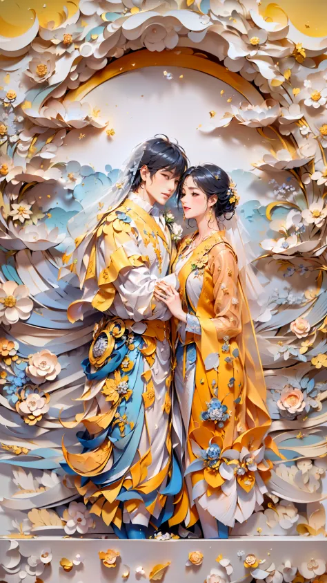 (A newlyweds dressed in Tang costumes:1.4)，(((hugs)))，(illustration，paper art:1.3, Quilted paper art:1.2),( reasonable design, C...