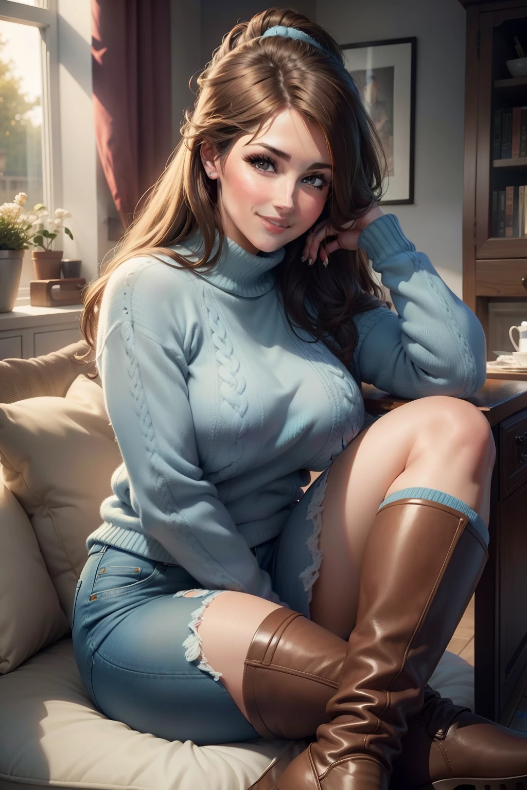 Arafed woman sitting on a couch in a blue sweater and knee high boots -  SeaArt AI