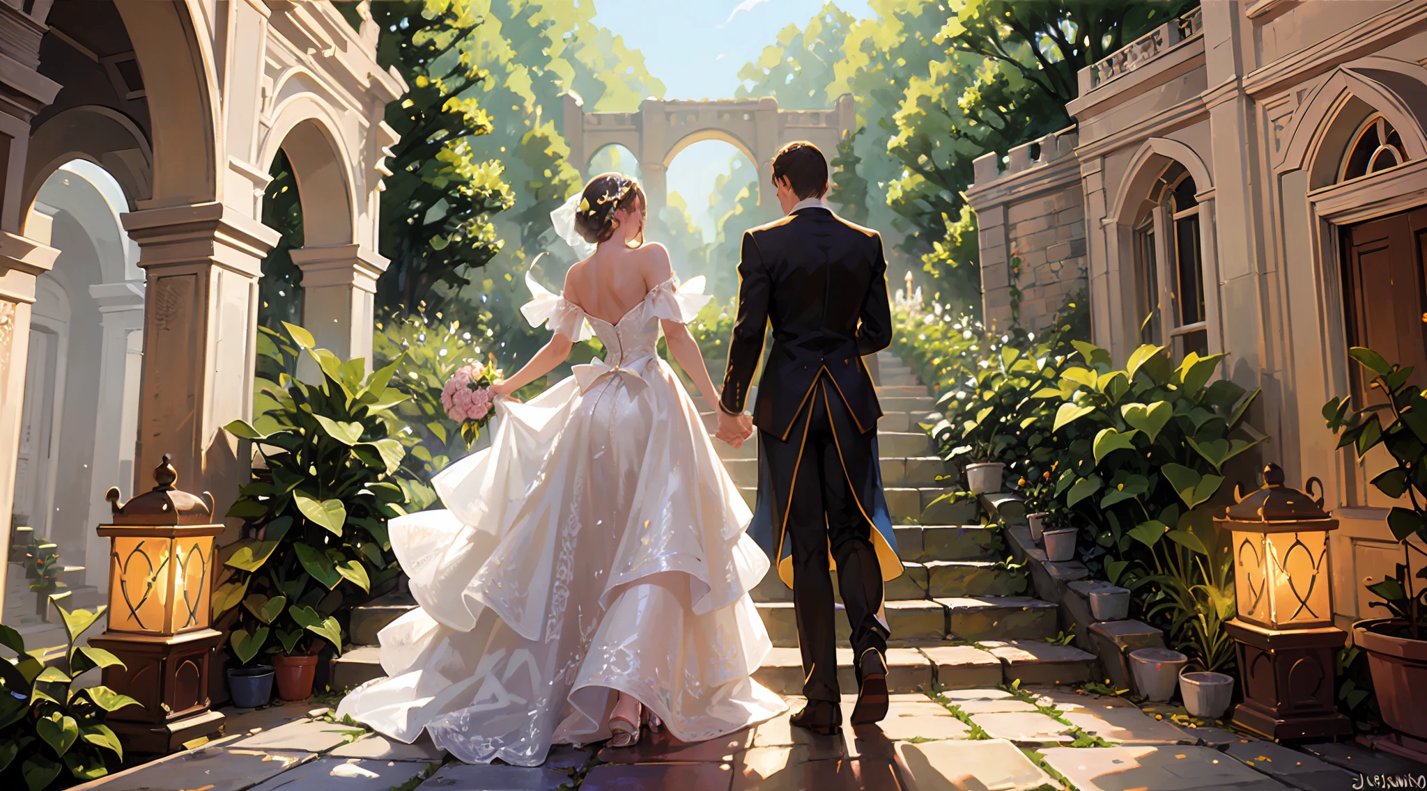 ウェディングプリンセスドレス, 背面図, 庭, 階段, 楽しくて熱狂的な結婚式, 鮮やかな虹で飾られた. ロマンチックなカップル