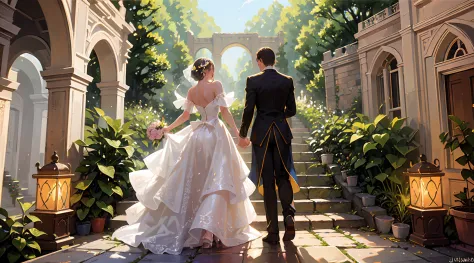 wedding princess dress, back view, garden, staircase, A joyous and exuberant wedding ceremony, adorned with vibrant rainbows. ro...