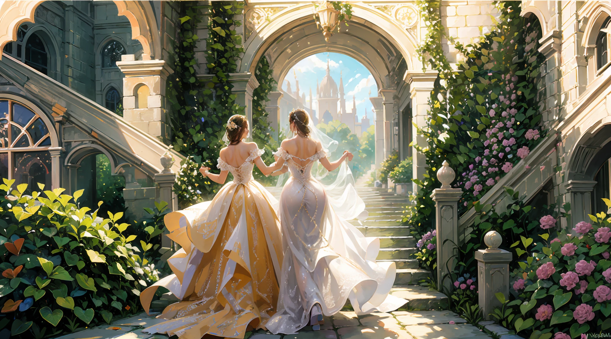 웨딩 프린세스 드레스, 뒷모습, 정원, 계단, 즐겁고 행복한 결혼식, 생동감 넘치는 무지개로 장식된. 로맨틱 커플