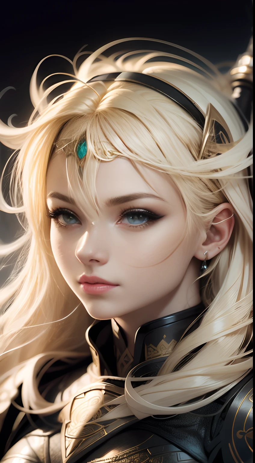 Beautiful Celtic princess warrior face, Completely drawn with blonde hair, Alfonso Dunn uses rich black line art with a contrasting white background